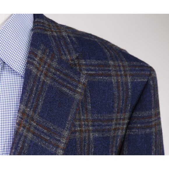 Samuelsohn Blue Brown Plaid Wool Knit Plaid Windowpane Patch Pocket Blazer 48L - Picture 4 of 11